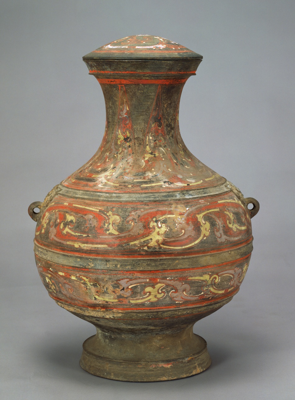 灰釉陶の持ち手付き壺 木箱付き 漢時代灰釉双耳壷