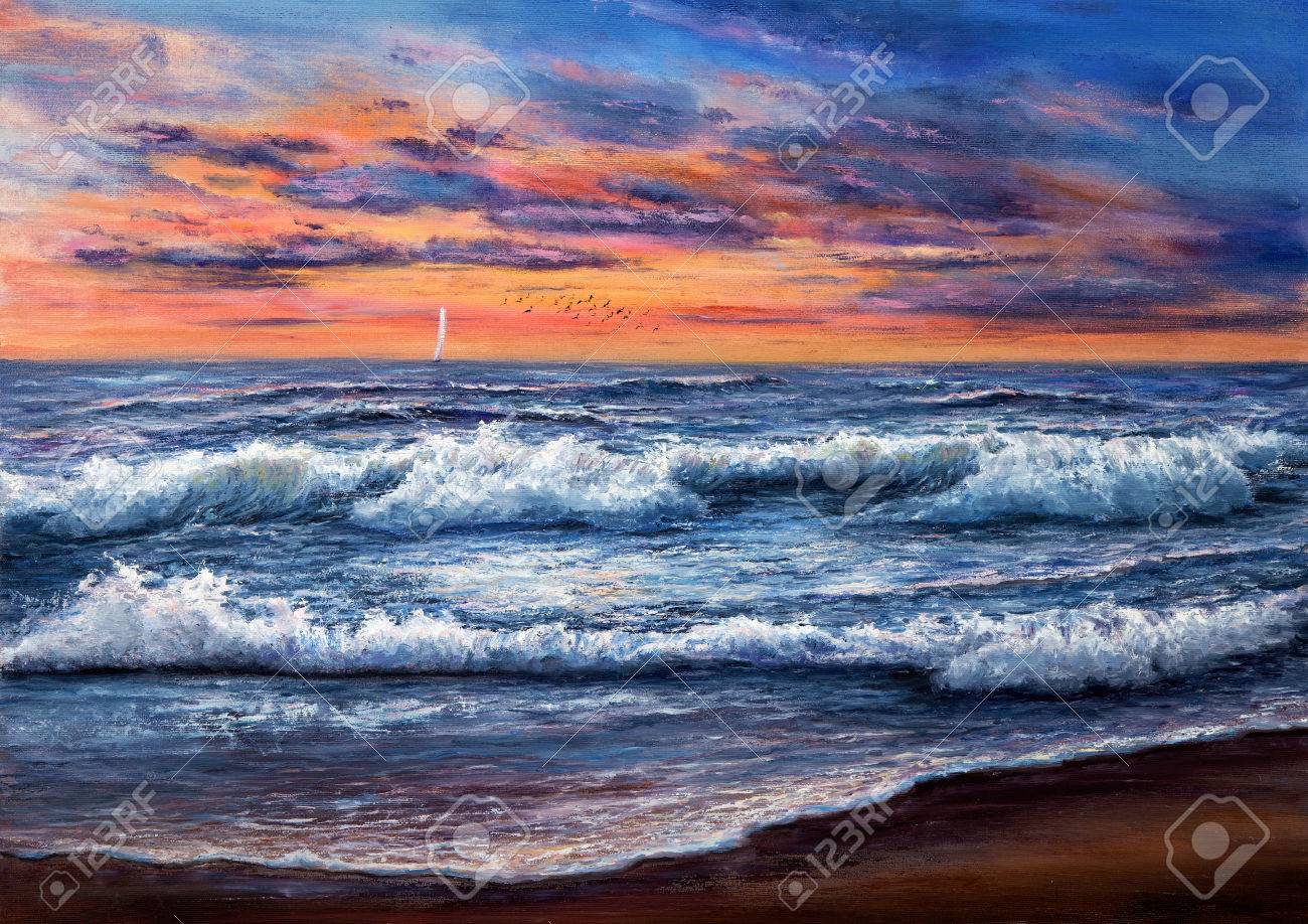 油絵 油彩 油彩画 絵 絵画【夕焼けの海】A4 油絵 油彩 油彩画 絵 絵画