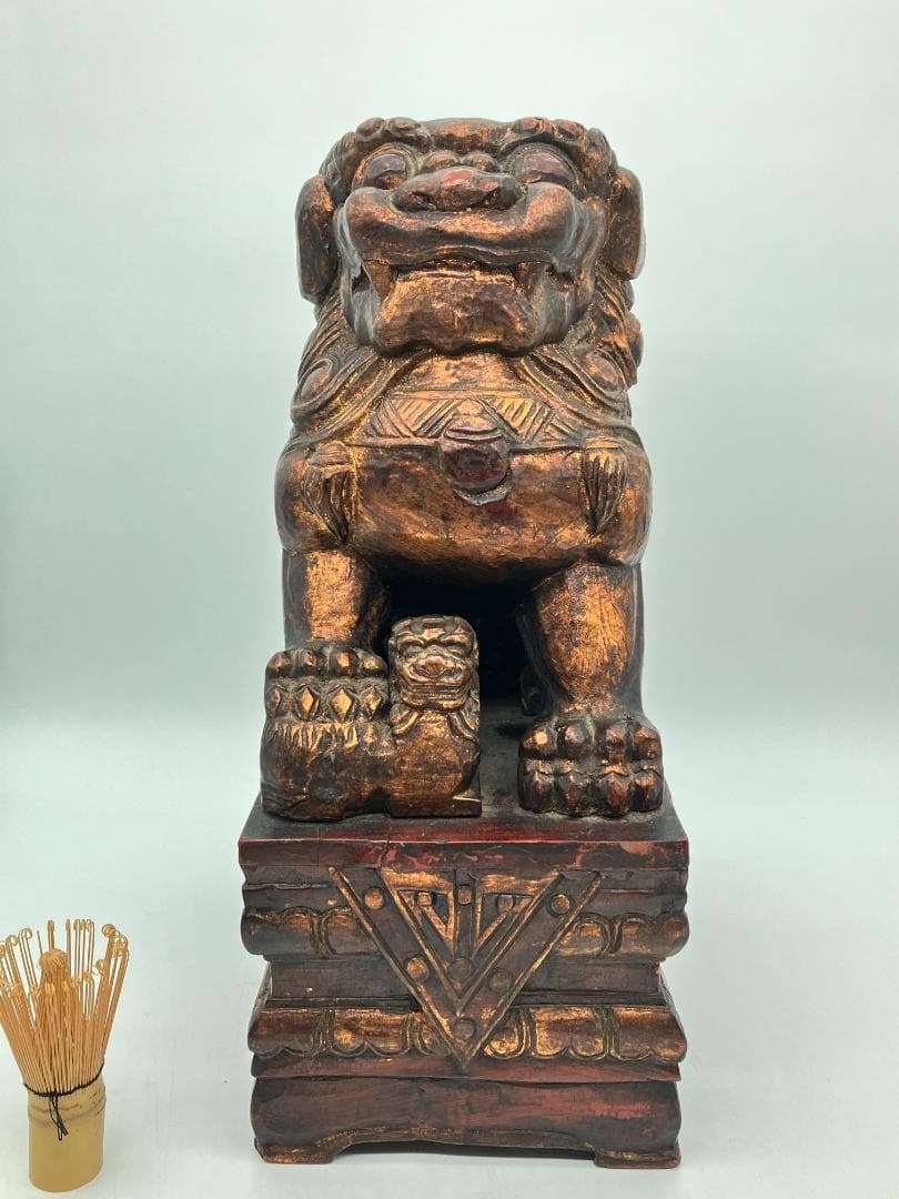 時代木製獅子 狛犬 一対 高さ：約44cm 木彫り